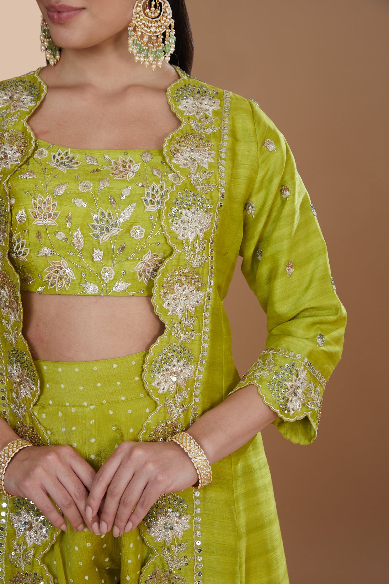 Moss Green Silk Embroidered Long Jacket Sharara Set