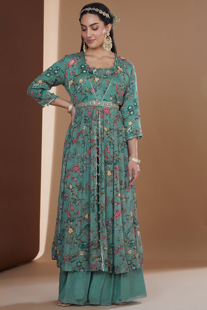 Turquoise Chiffon Printed & Embroidered Jacket Set