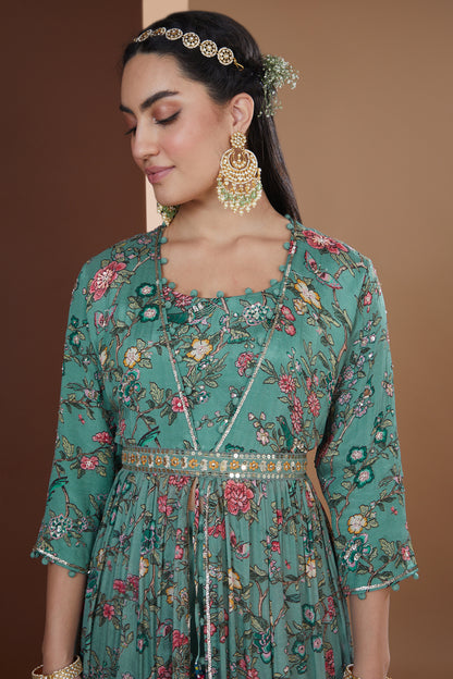 Turquoise Chiffon Printed & Embroidered Jacket Set