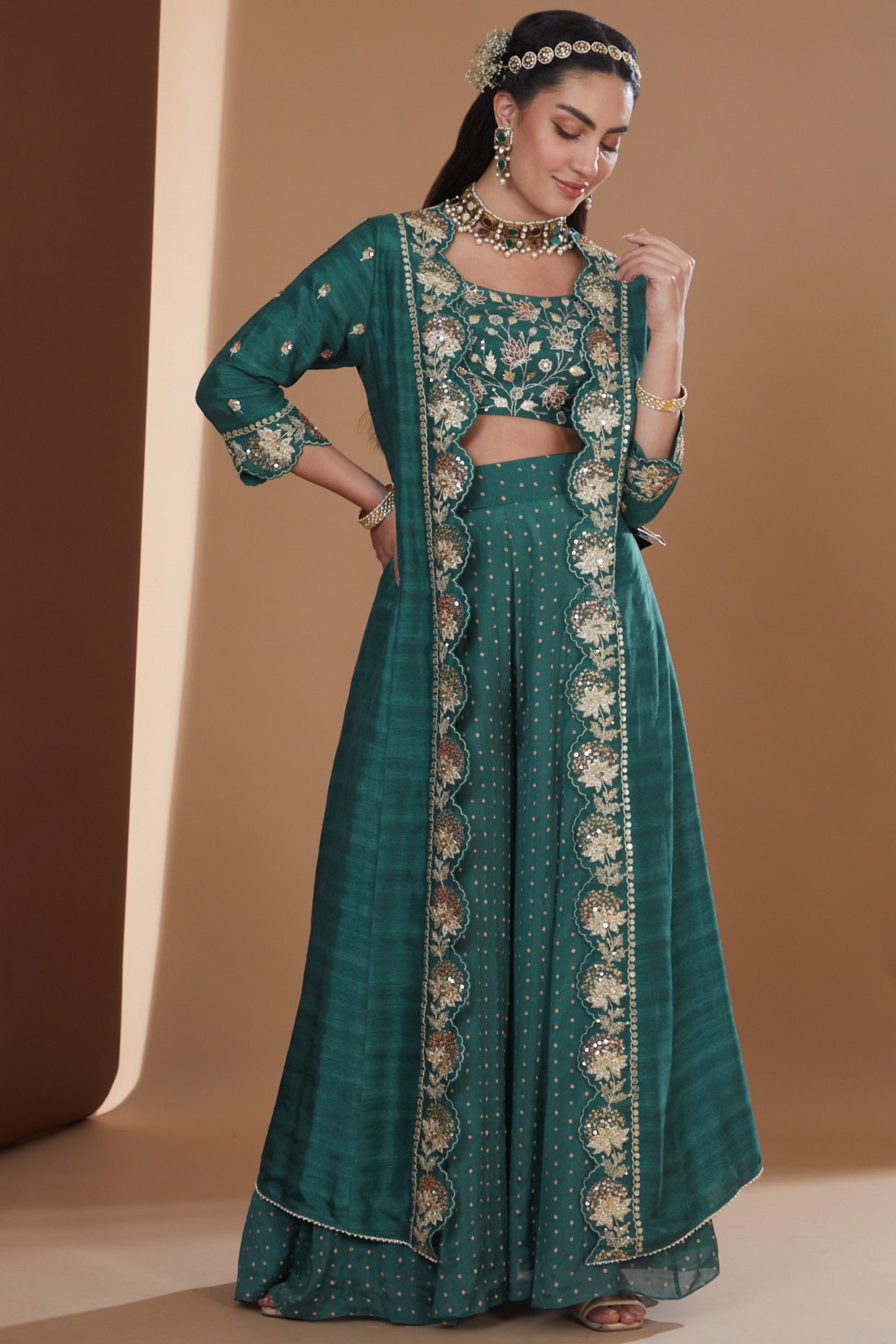 Teal Silk Embroidered Long Jacket Sharara Set