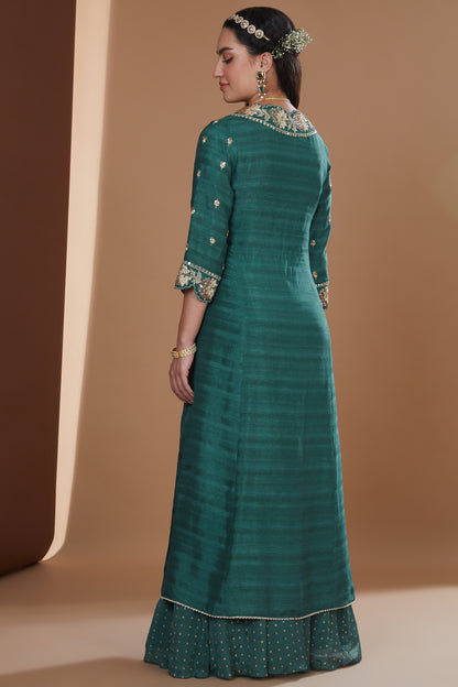 Teal Silk Embroidered Long Jacket Sharara Set