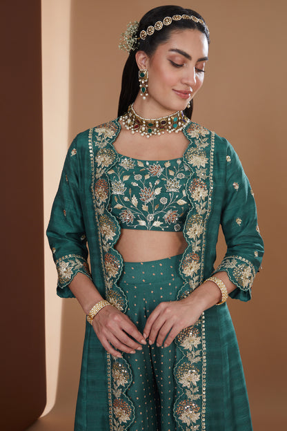 Teal Silk Embroidered Long Jacket Sharara Set