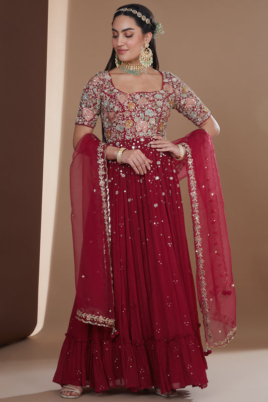 Cherry Red Silk Floral Embroidered Anarkali Set