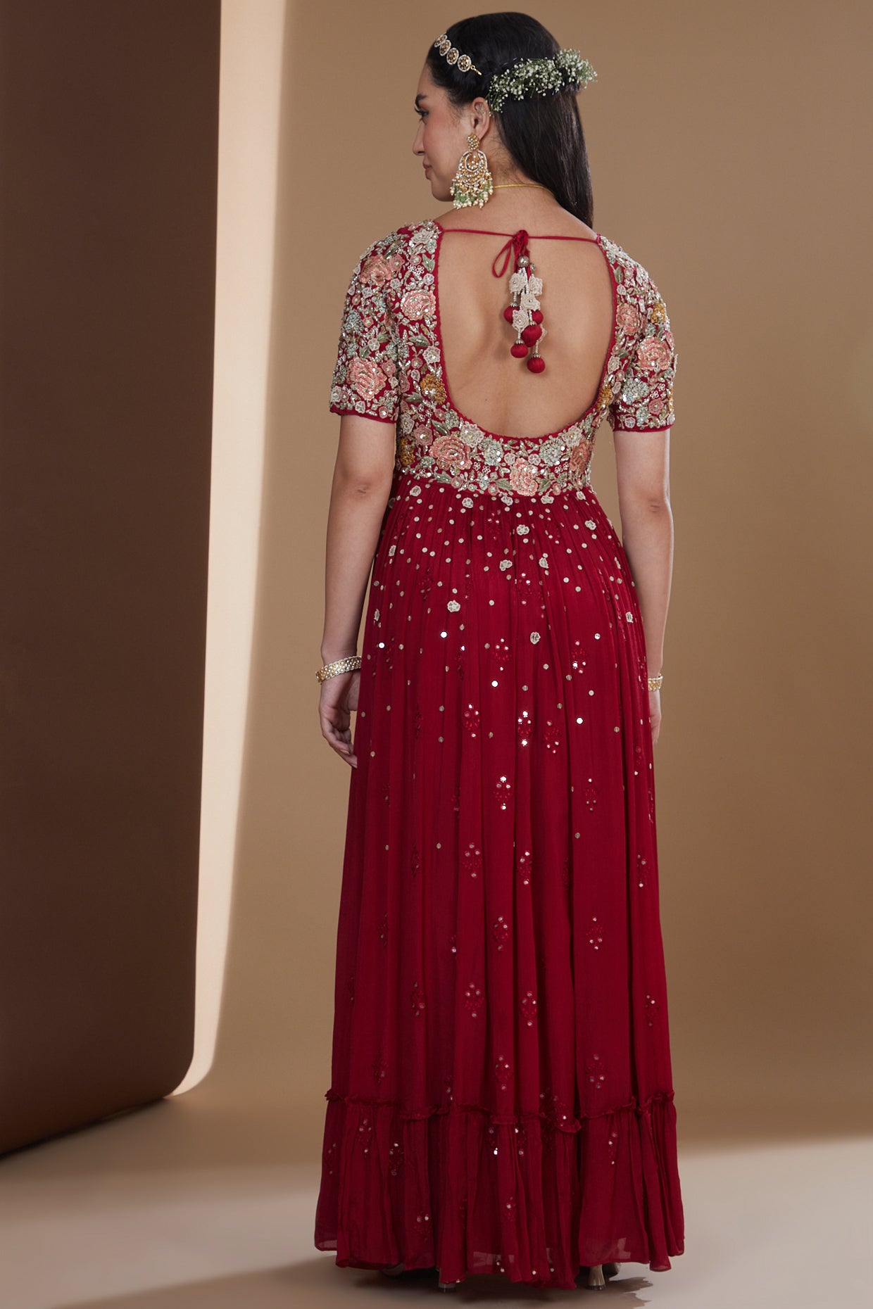 Cherry Red Silk Floral Embroidered Anarkali Set