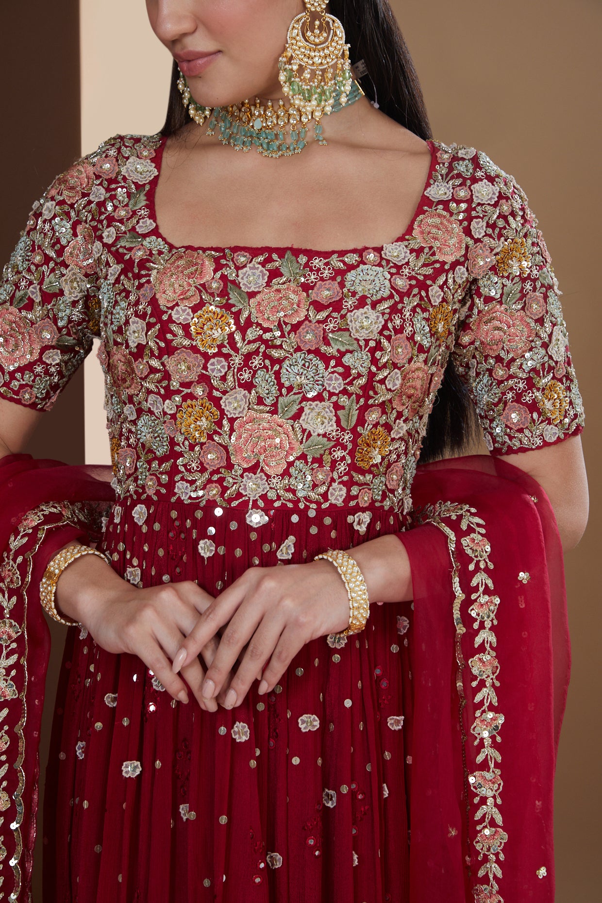 Cherry Red Silk Floral Embroidered Anarkali Set