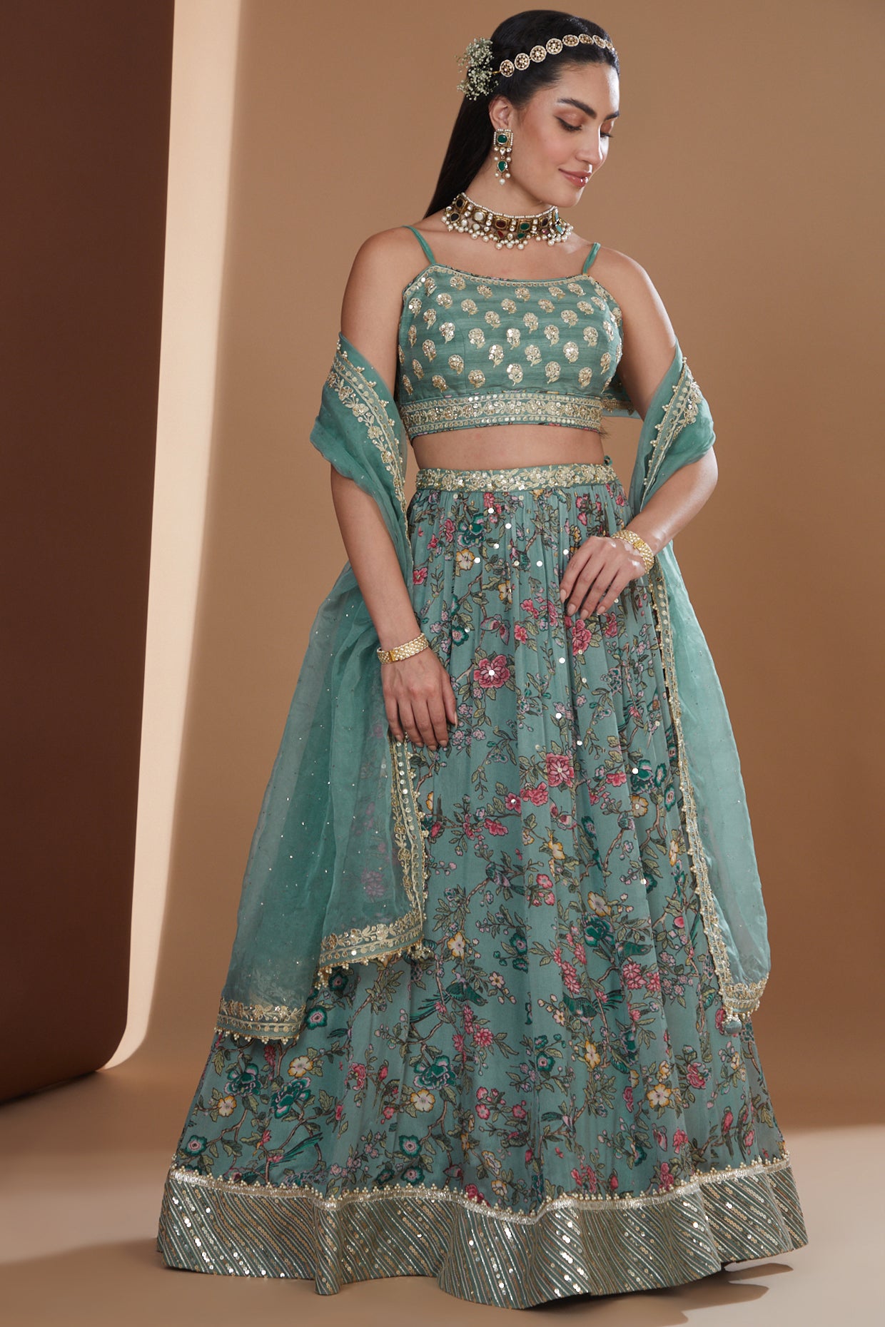 Turquoise Printed And Embroidered Lehenga Set