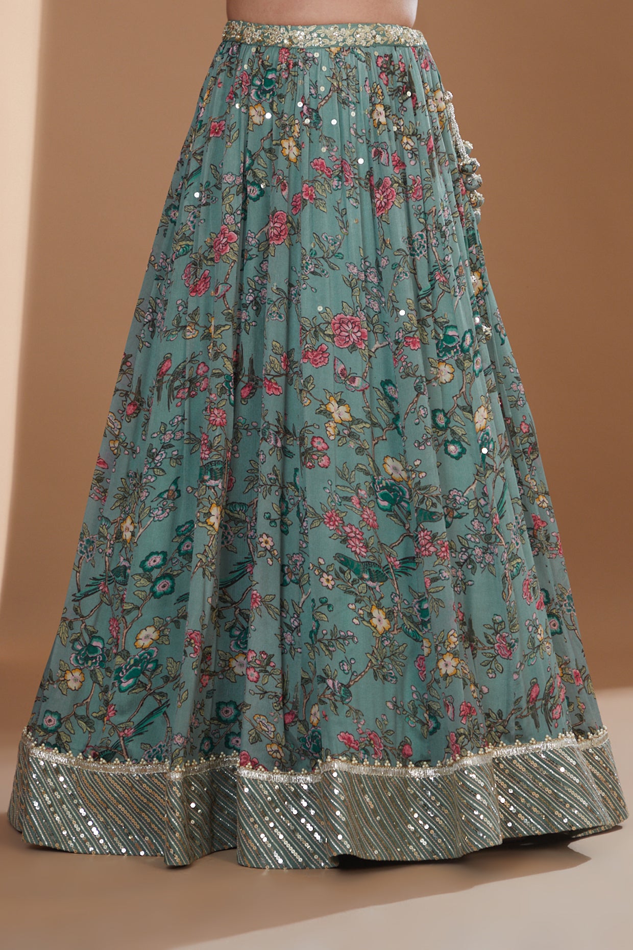 Turquoise Printed And Embroidered Lehenga Set