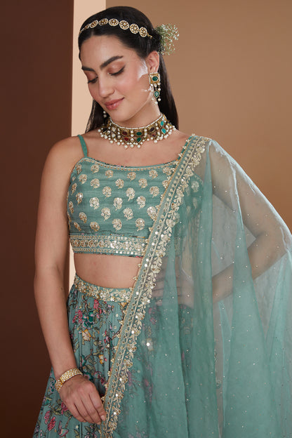 Turquoise Printed And Embroidered Lehenga Set