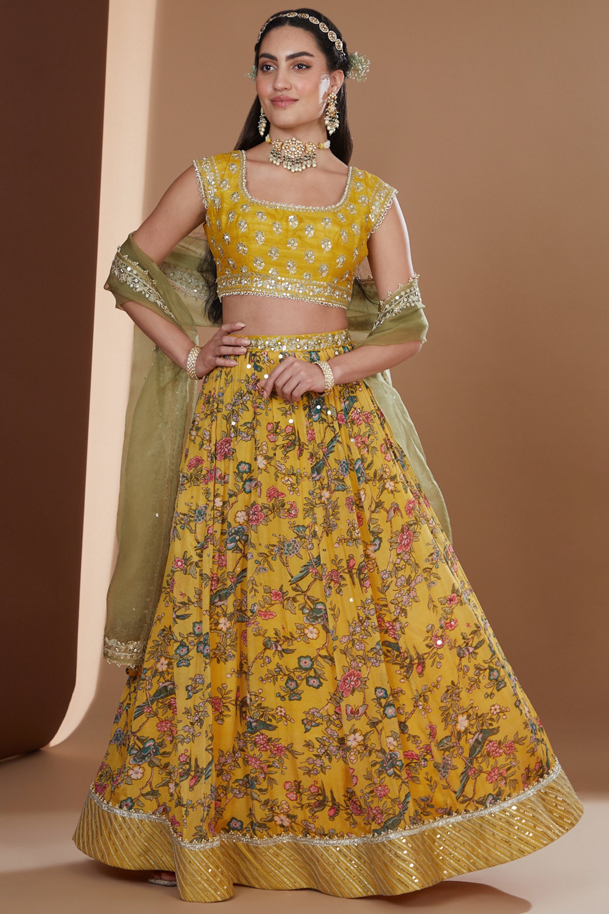 Mustard Printed And Embroidered Lehenga Set