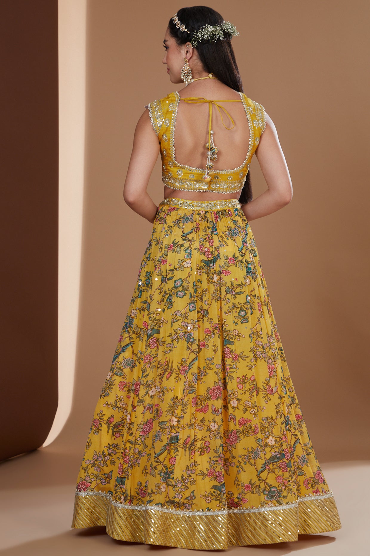 Mustard Printed And Embroidered Lehenga Set