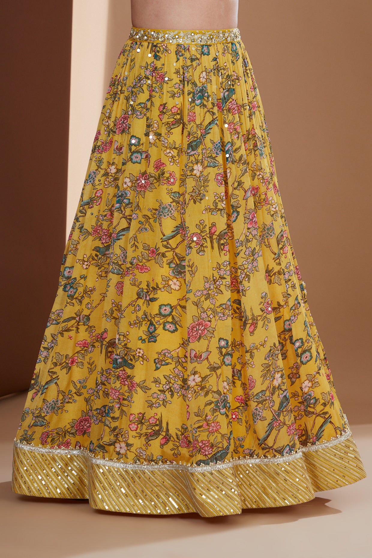 Mustard Printed And Embroidered Lehenga Set