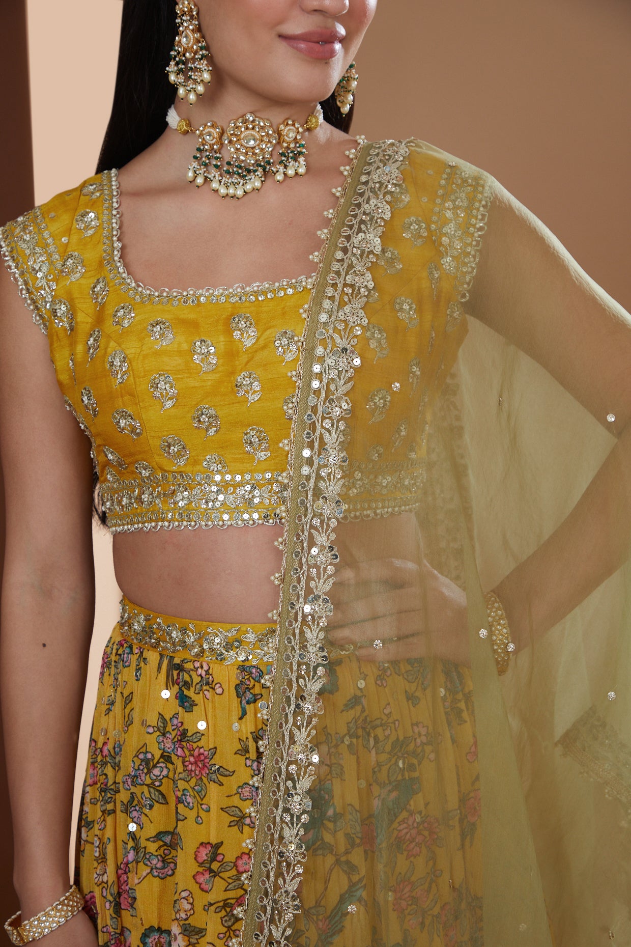 Mustard Printed And Embroidered Lehenga Set