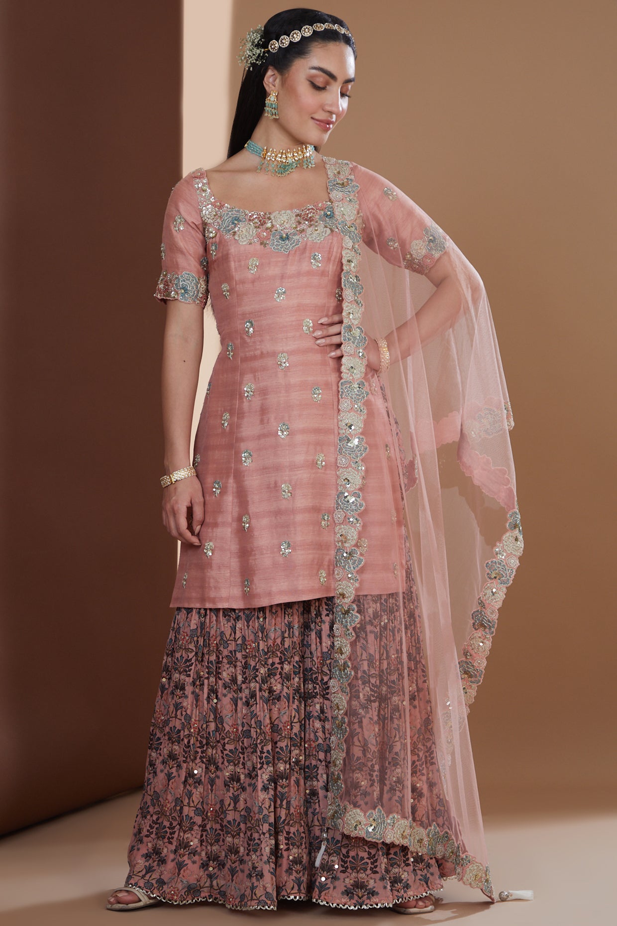 Rose Pink Silk Embroidered Short Kurta Sharara Set