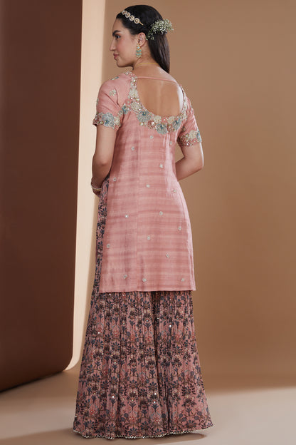 Rose Pink Silk Embroidered Short Kurta Sharara Set