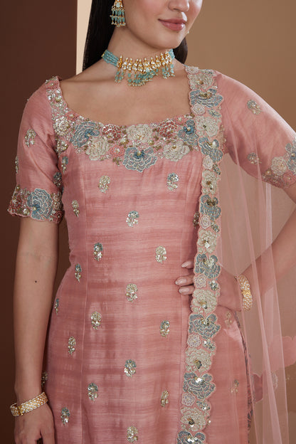 Rose Pink Silk Embroidered Short Kurta Sharara Set