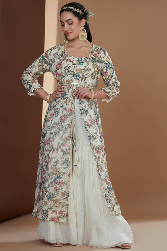 Ivory Chiffon Printed & Embroidered Jacket Set