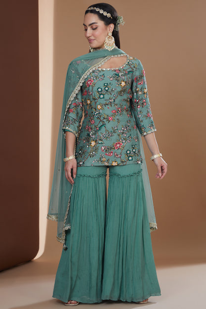 Turquoise Silk Printed And Embroidered Kurta Gharara Set