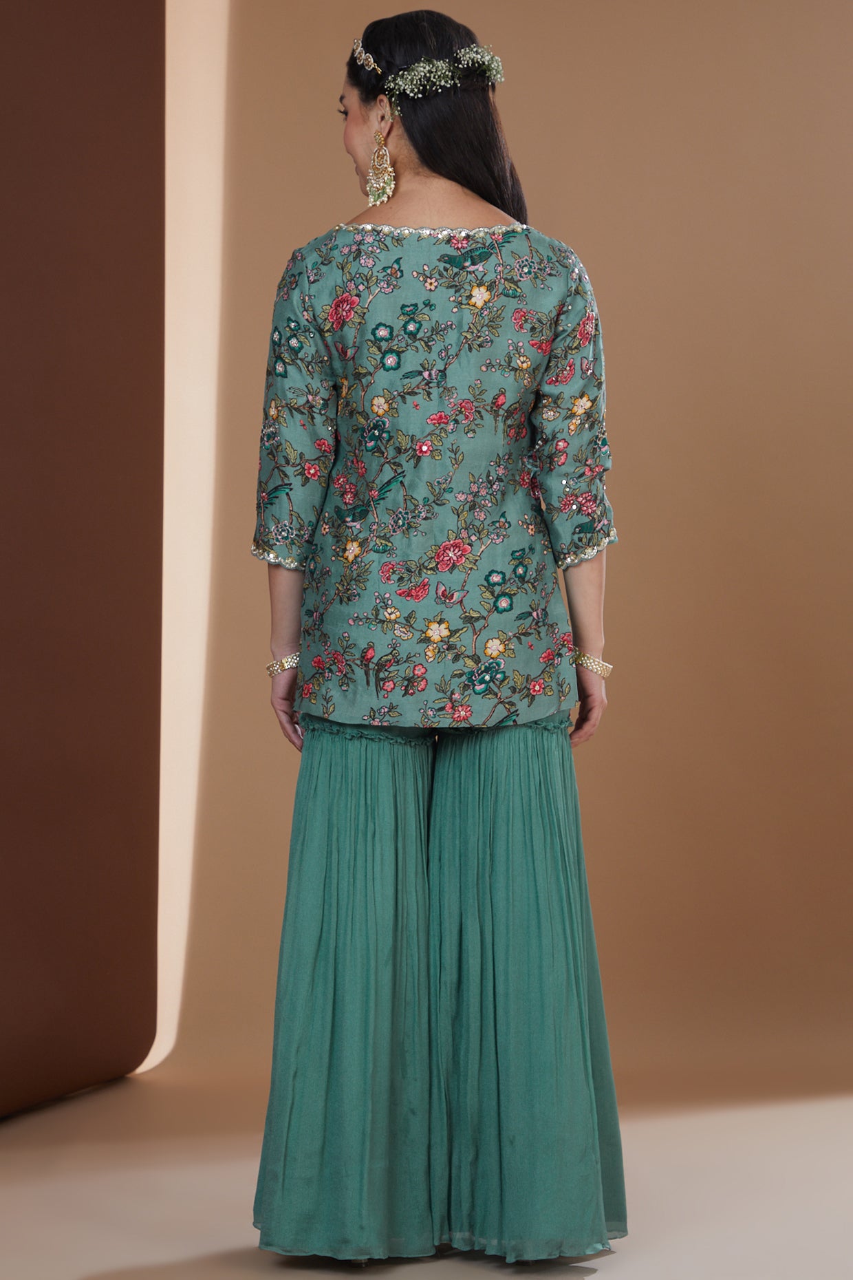 Turquoise Silk Printed And Embroidered Kurta Gharara Set