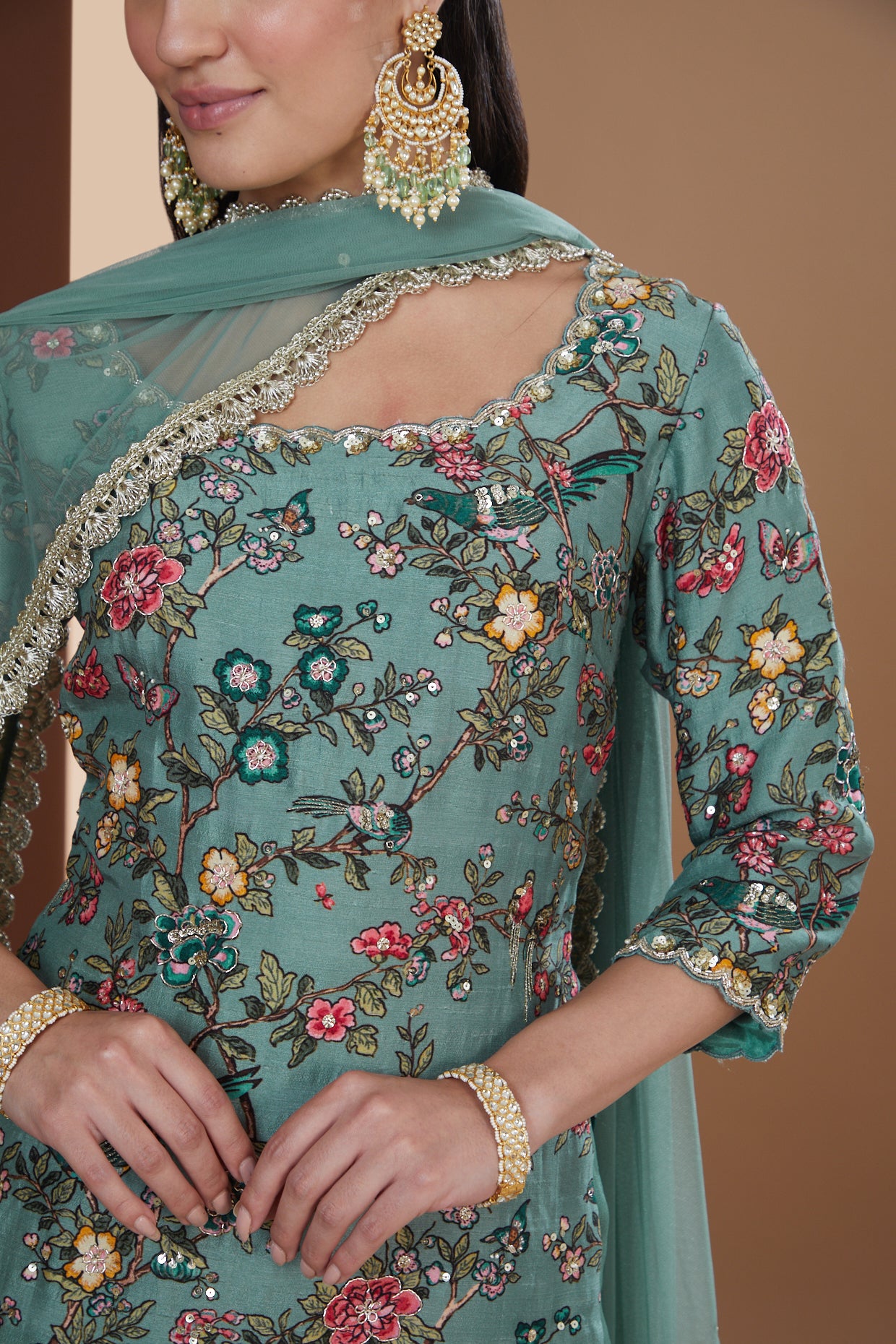 Turquoise Silk Printed And Embroidered Kurta Gharara Set