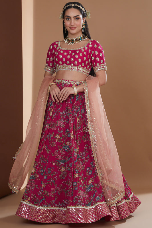 Cherry Red Printed And Embroidered Lehenga Set