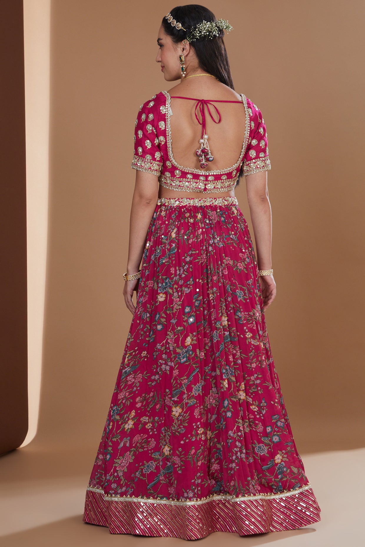 Cherry Red Printed And Embroidered Lehenga Set