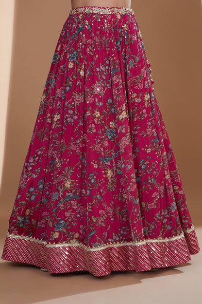 Cherry Red Printed And Embroidered Lehenga Set