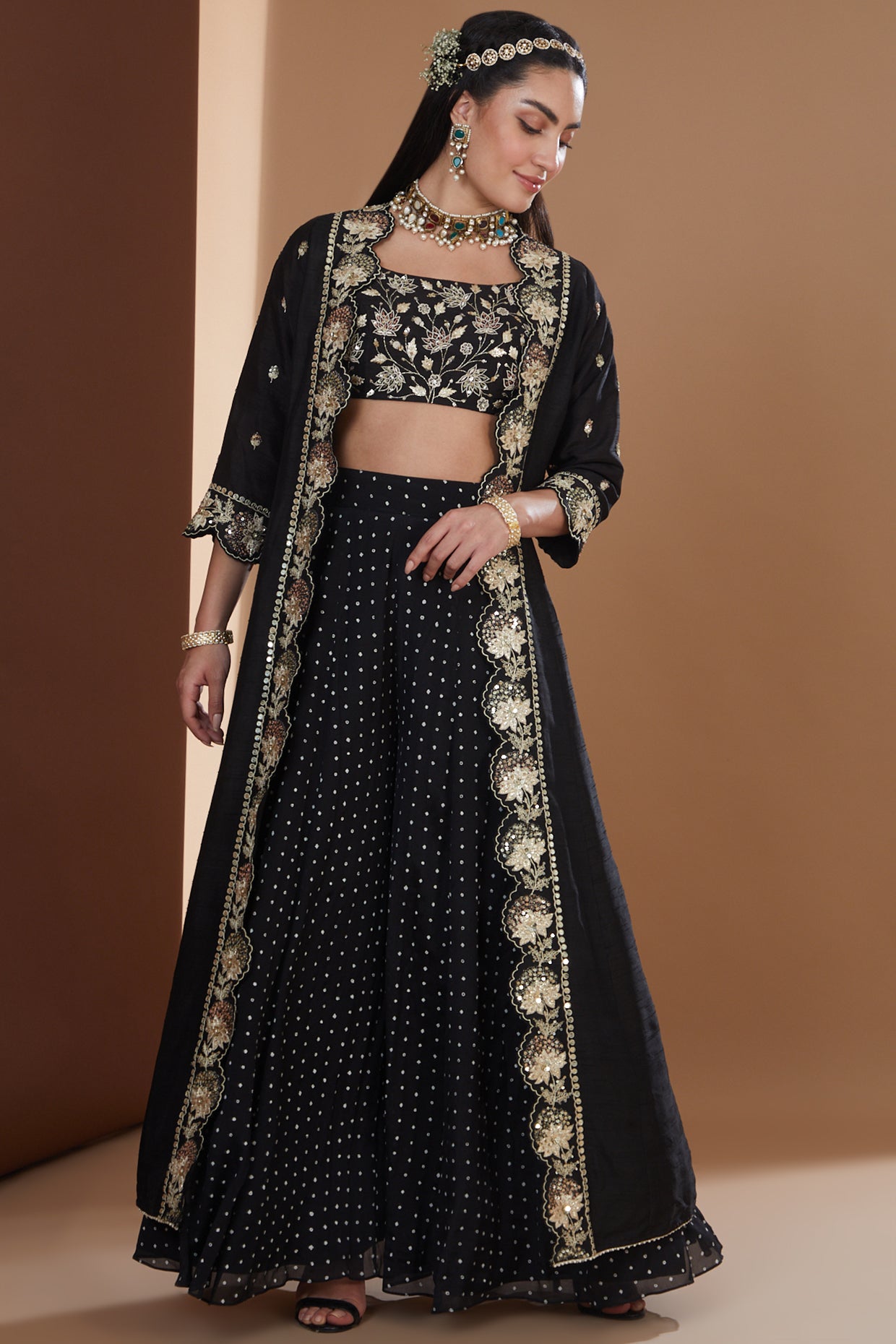 Black Silk Embroidered Long Jacket Sharara Set