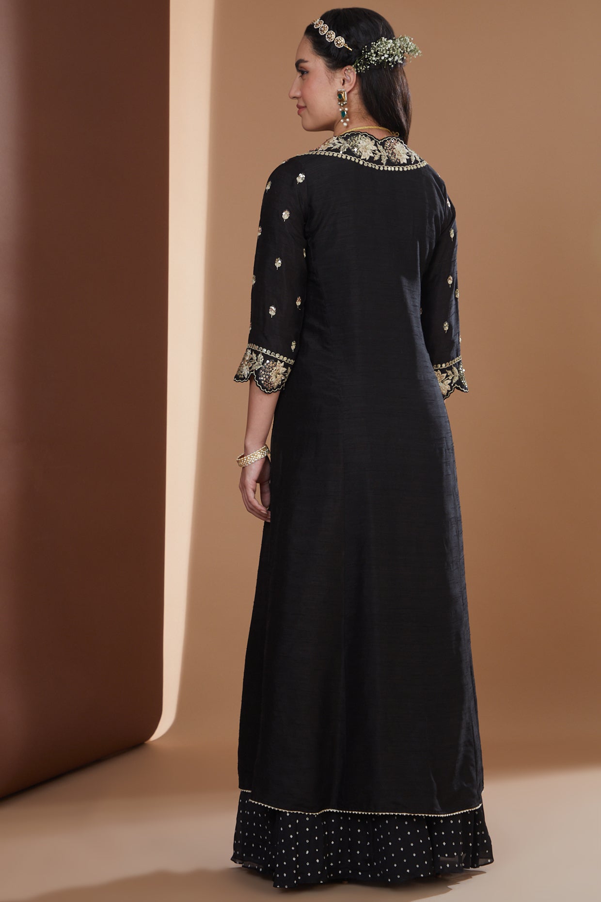 Black Silk Embroidered Long Jacket Sharara Set