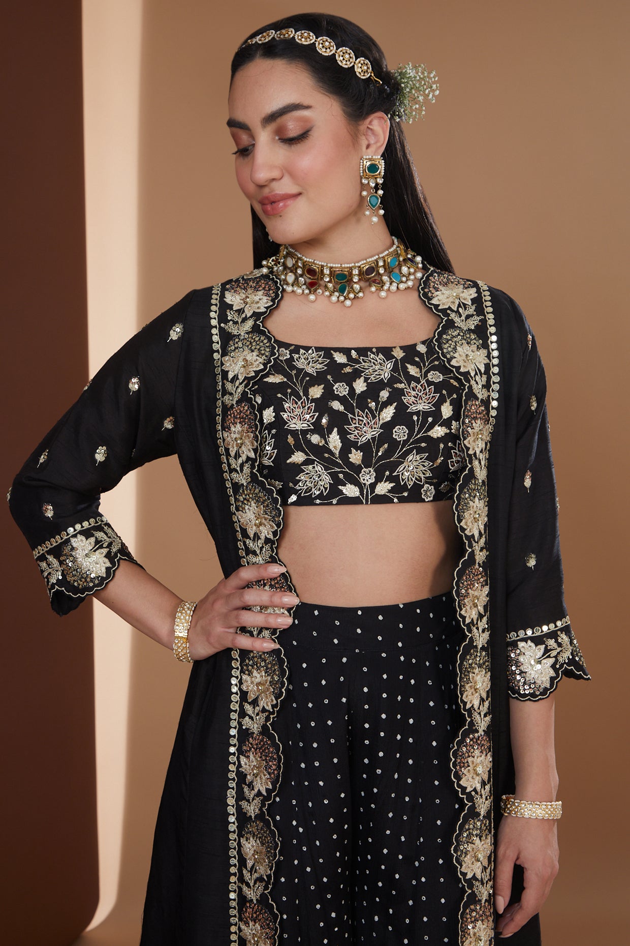 Black Silk Embroidered Long Jacket Sharara Set