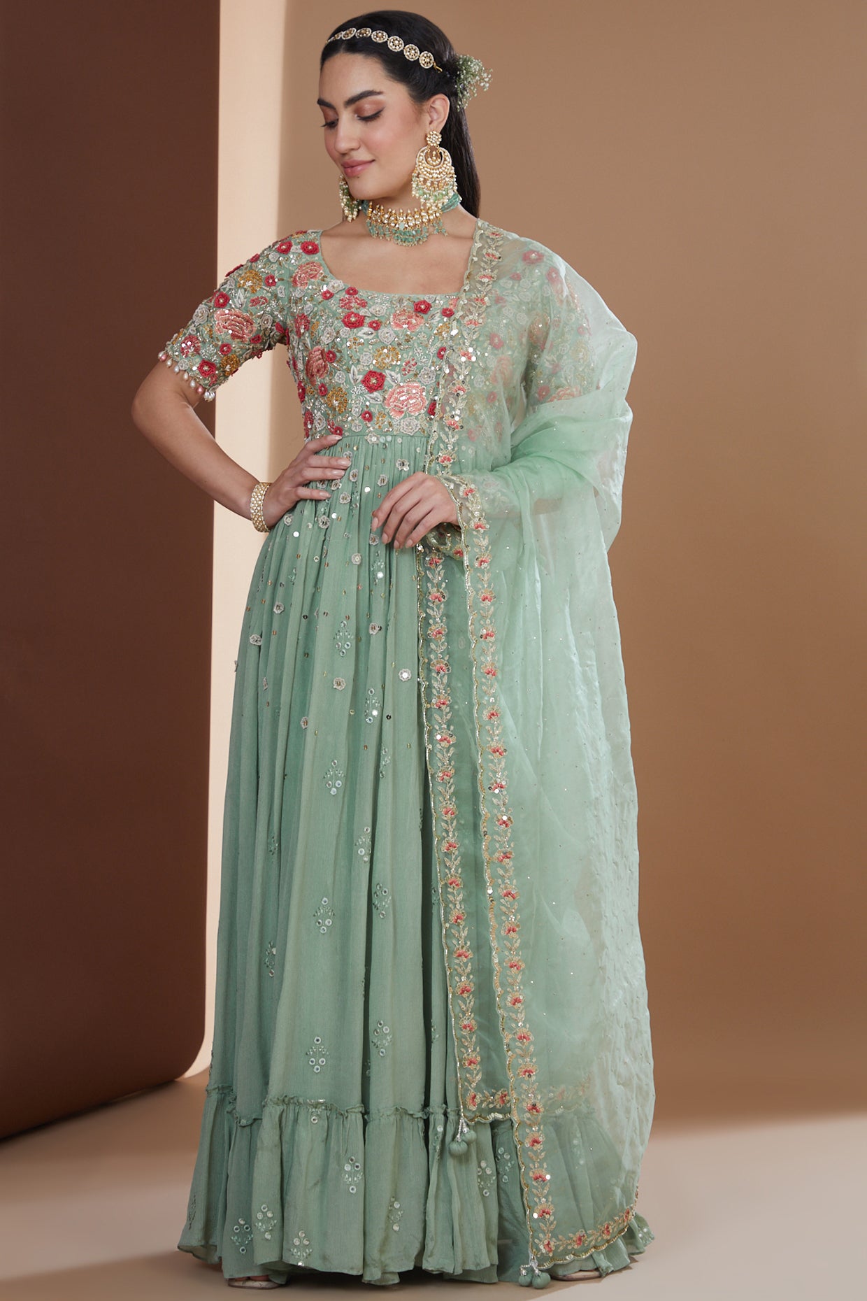 Aqua Silk Floral Embroidered Anarkali Set