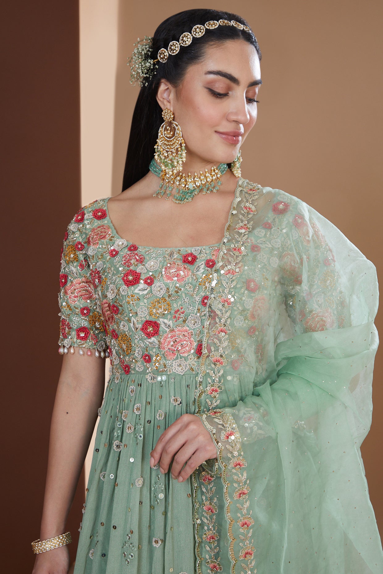 Aqua Silk Floral Embroidered Anarkali Set