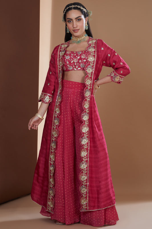 Fuchsia Silk Embroidered Long Jacket Sharara Set