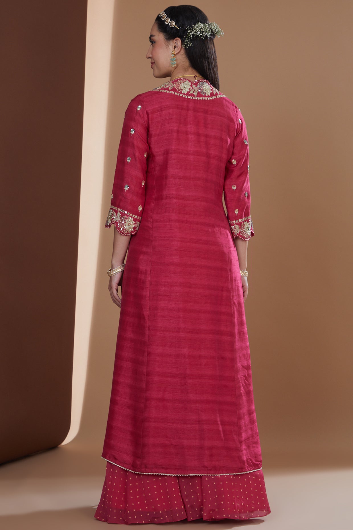 Fuchsia Silk Embroidered Long Jacket Sharara Set