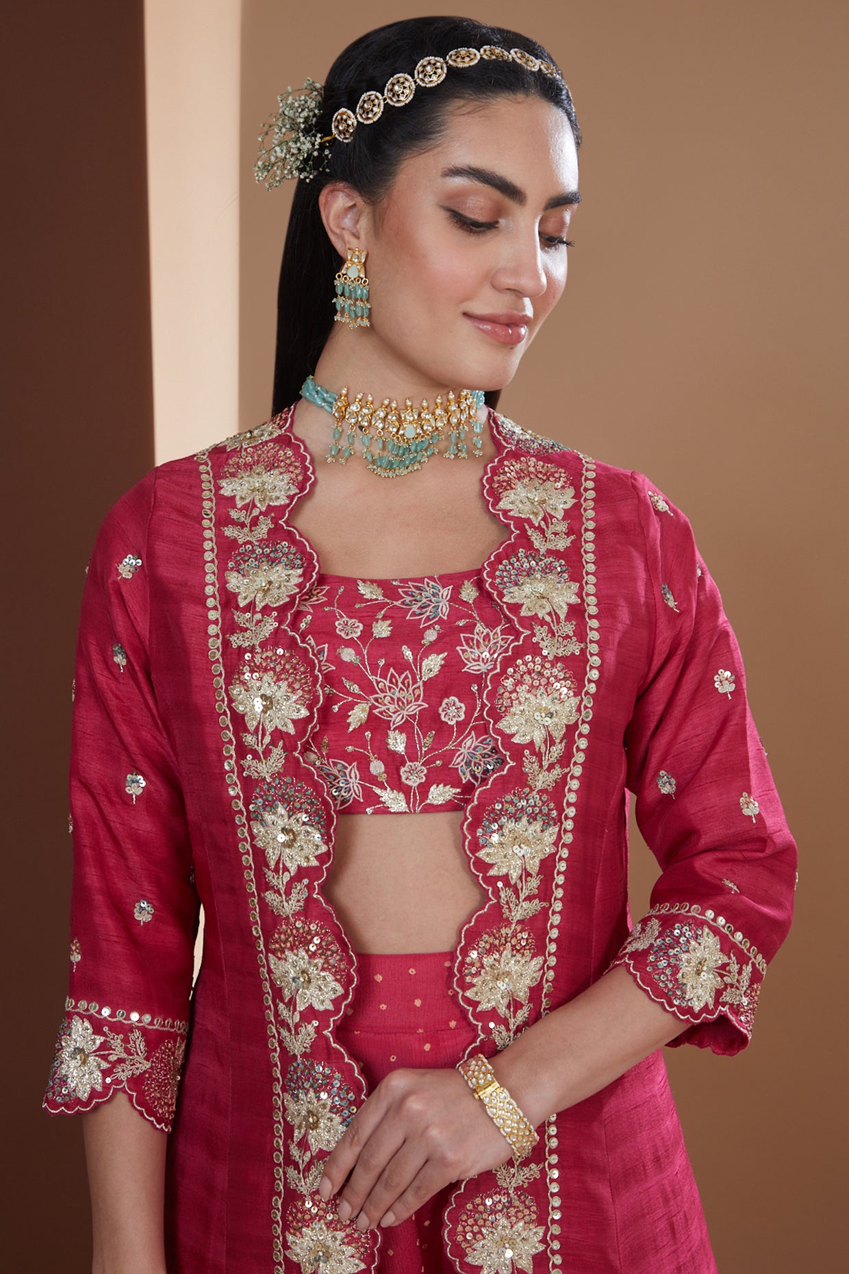 Fuchsia Silk Embroidered Long Jacket Sharara Set