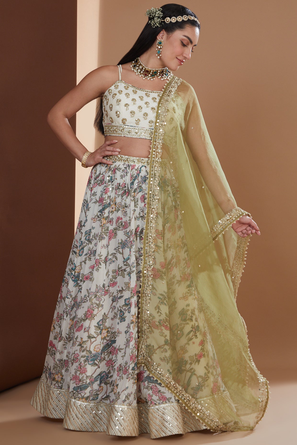 Ivory Printed And Embroidered Lehenga Set