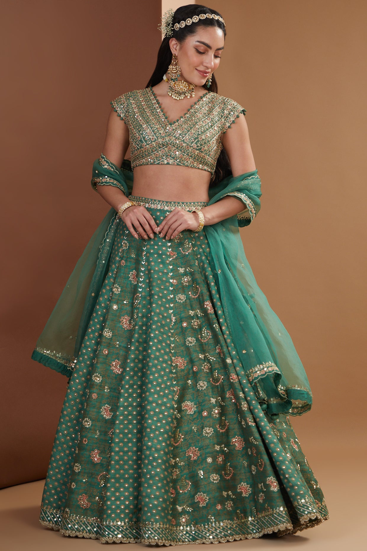 Green Silk Hand Embroidered Kalidaar Lehenga Set