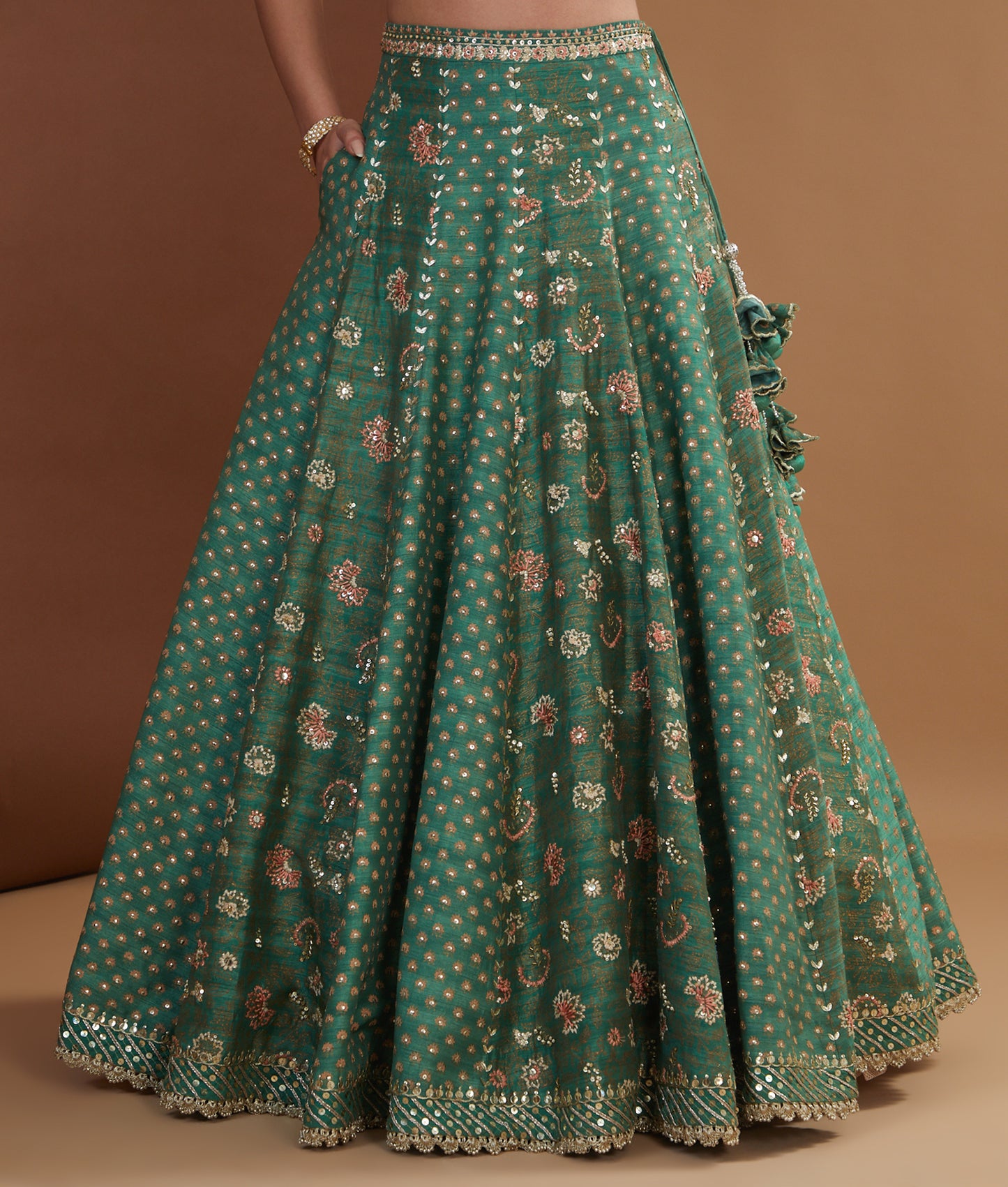 Green Silk Hand Embroidered Kalidaar Lehenga Set