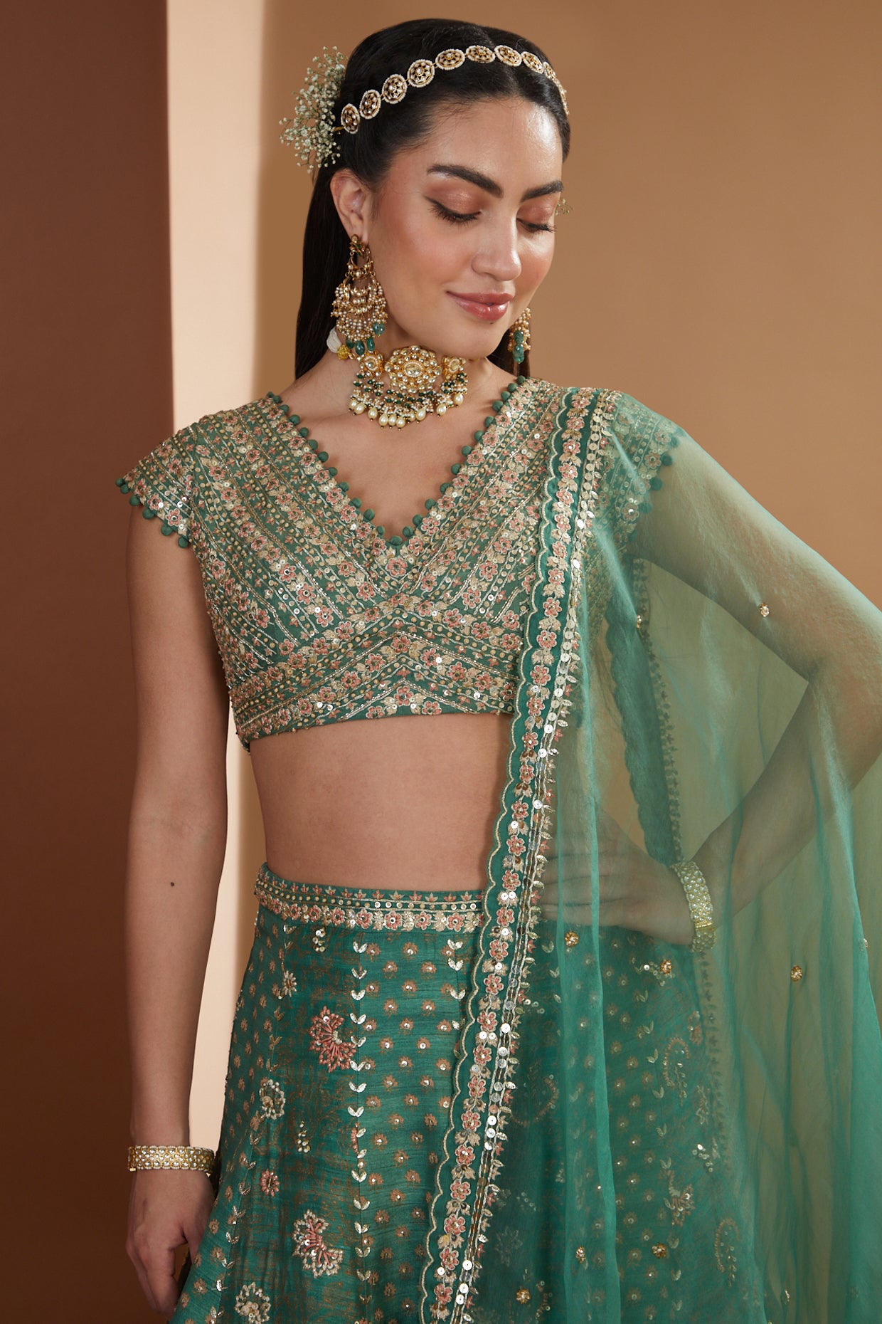 Green Silk Hand Embroidered Kalidaar Lehenga Set