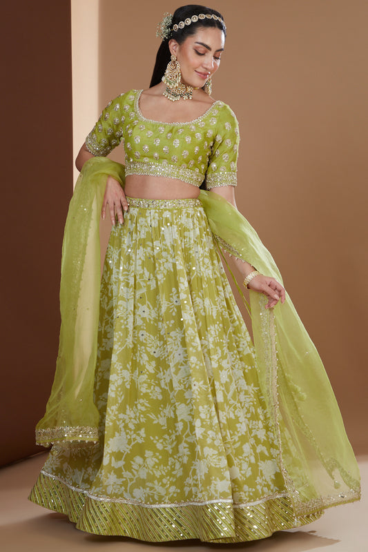 Moss Green Printed And Embroidered Lehenga Set