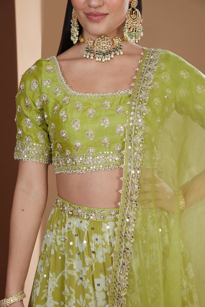 Moss Green Printed And Embroidered Lehenga Set