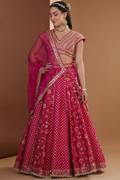 Hot Pink Silk Hand Embroidered Kalidaar Lehenga Set