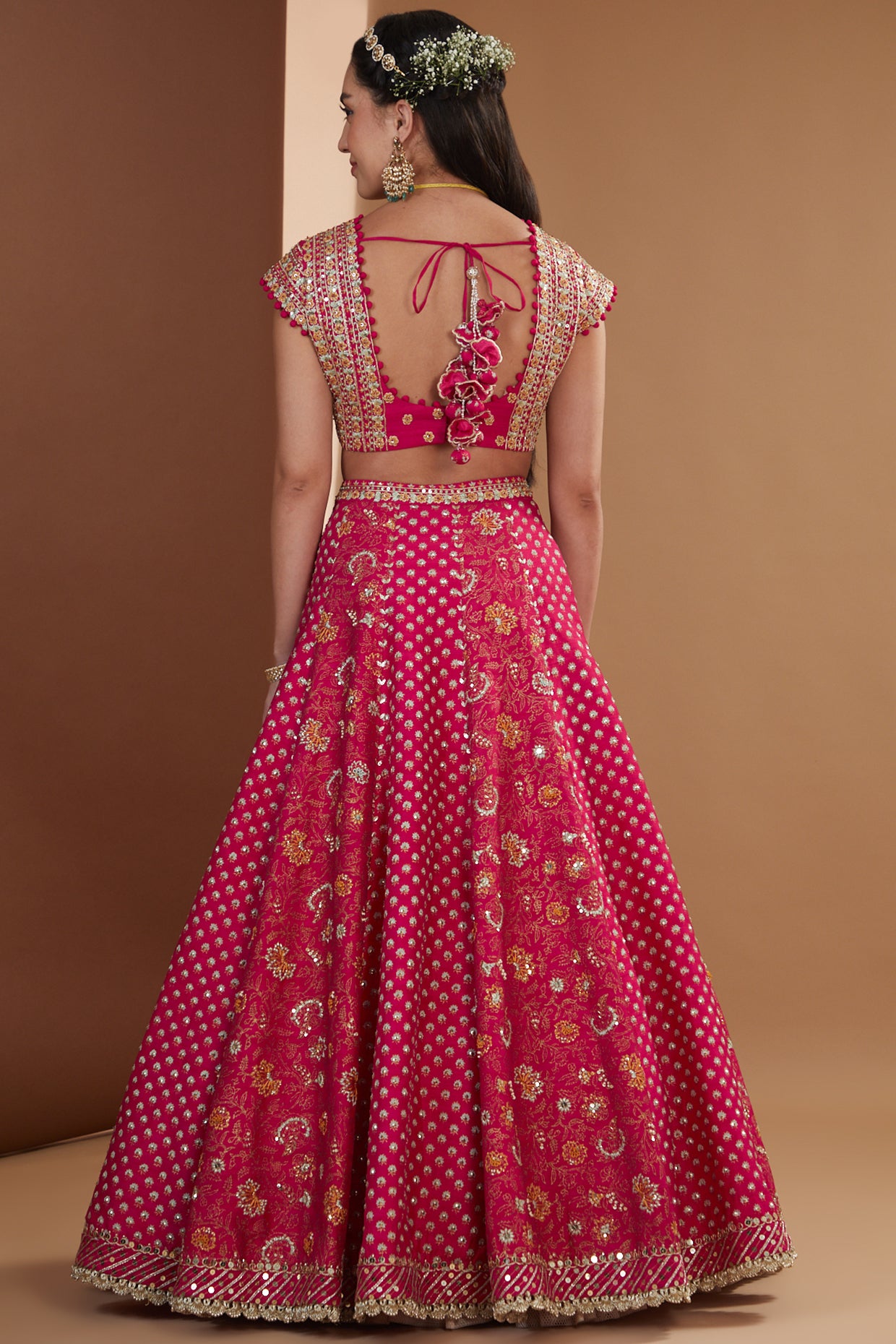 Hot Pink Silk Hand Embroidered Kalidaar Lehenga Set