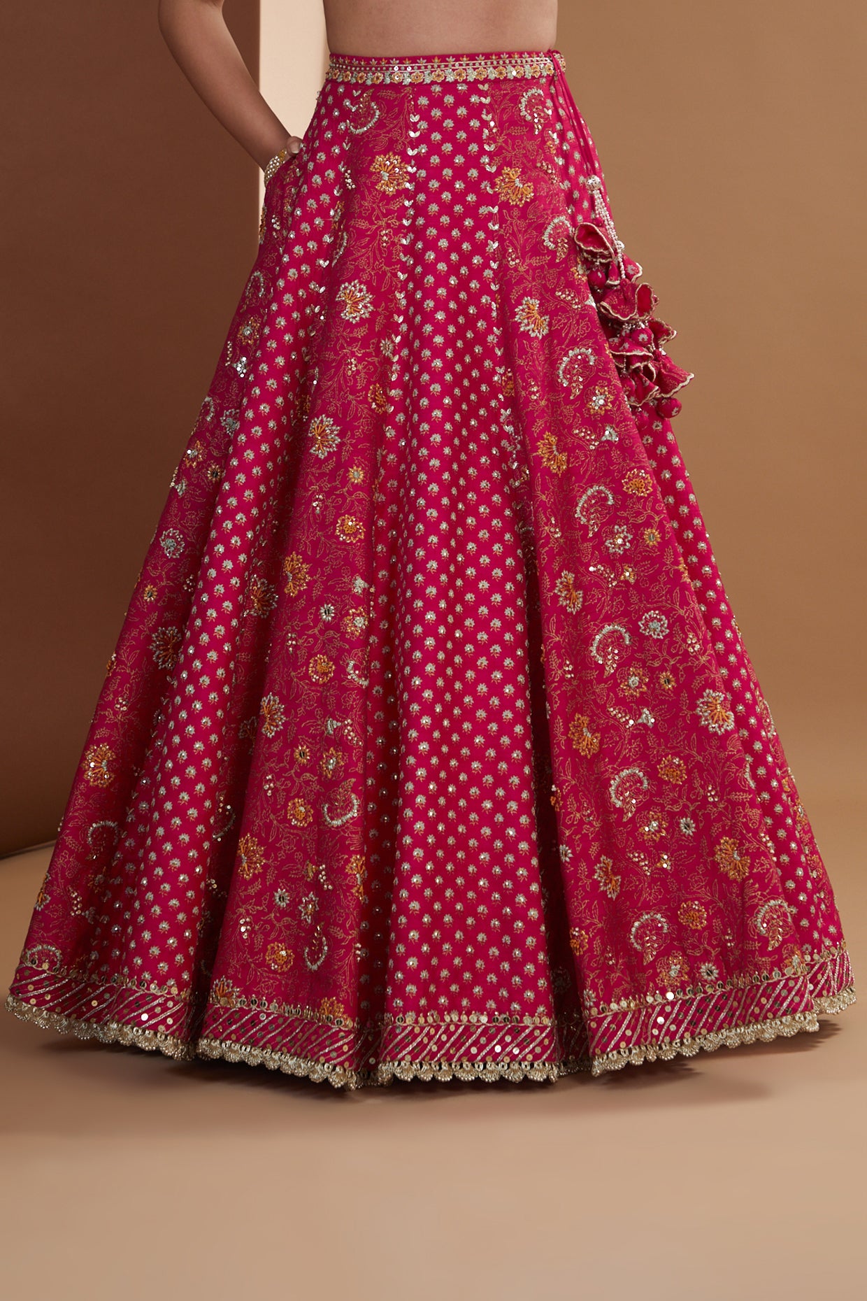 Hot Pink Silk Hand Embroidered Kalidaar Lehenga Set