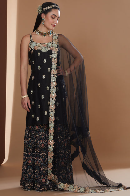 Black Silk Embroidered Short Kurta Sharara Set