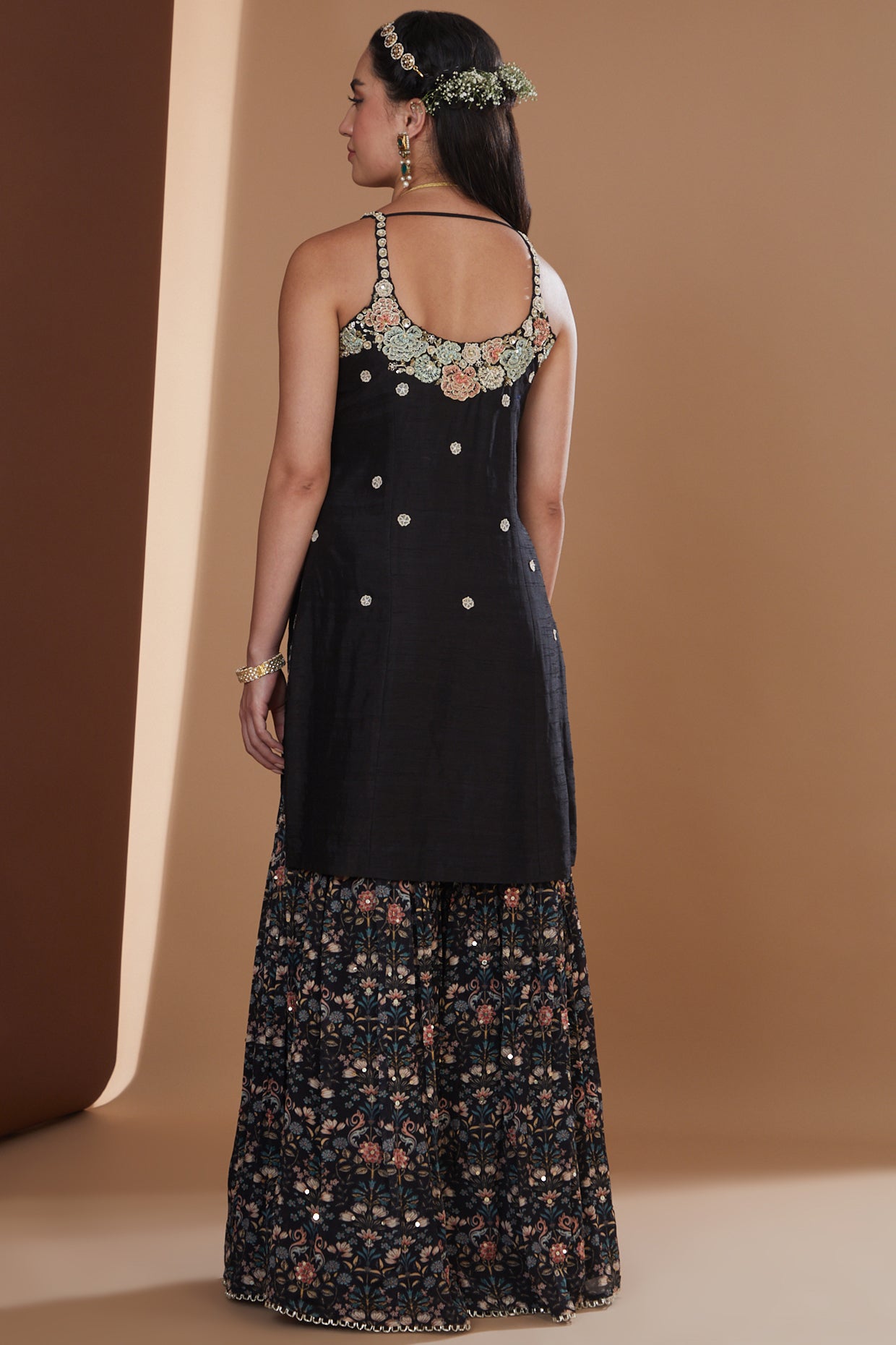 Black Silk Embroidered Short Kurta Sharara Set