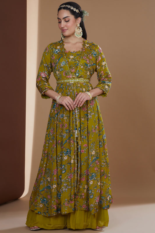 Olive Green Chiffon Printed & Embroidered Jacket Set