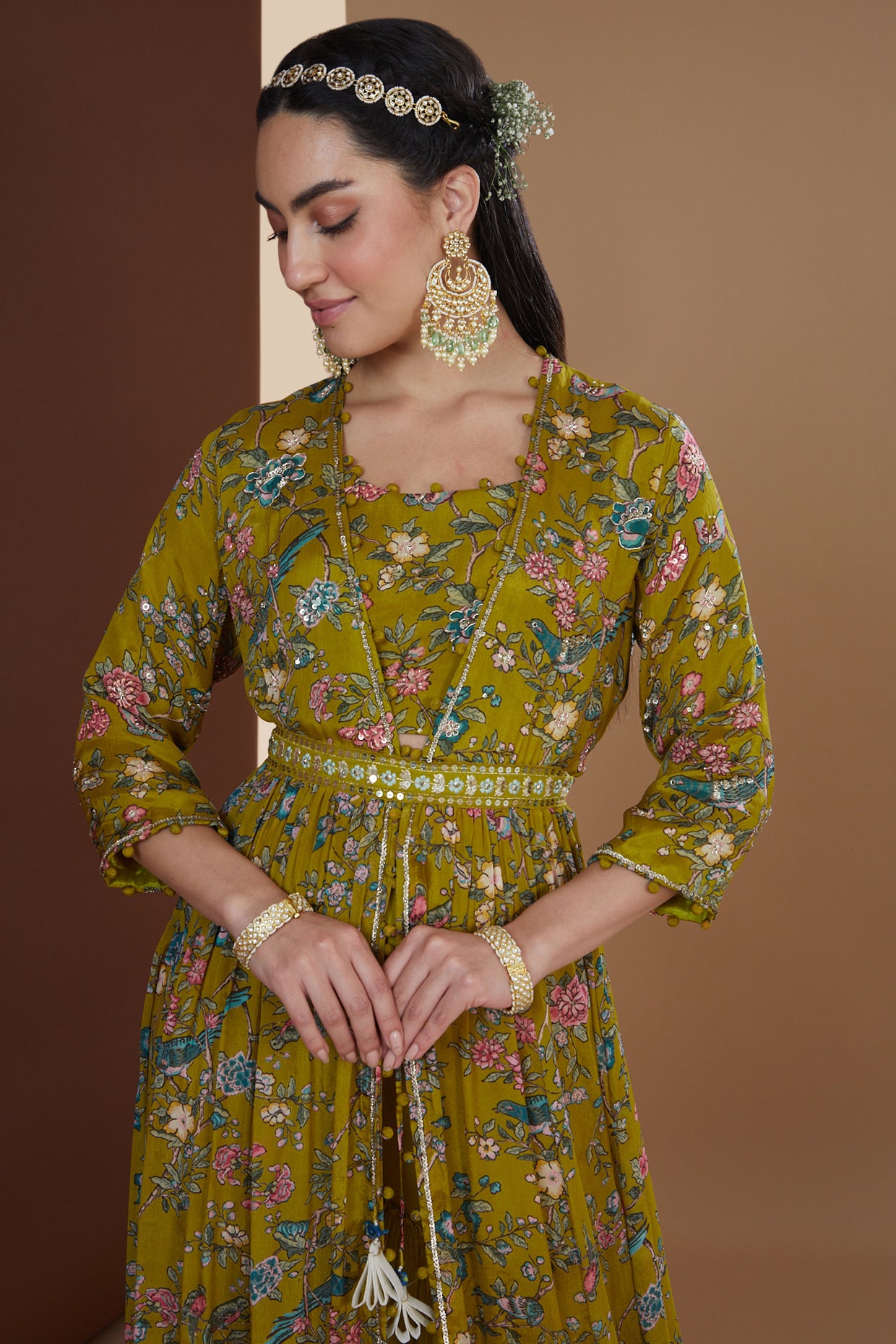 Olive Green Chiffon Printed & Embroidered Jacket Set