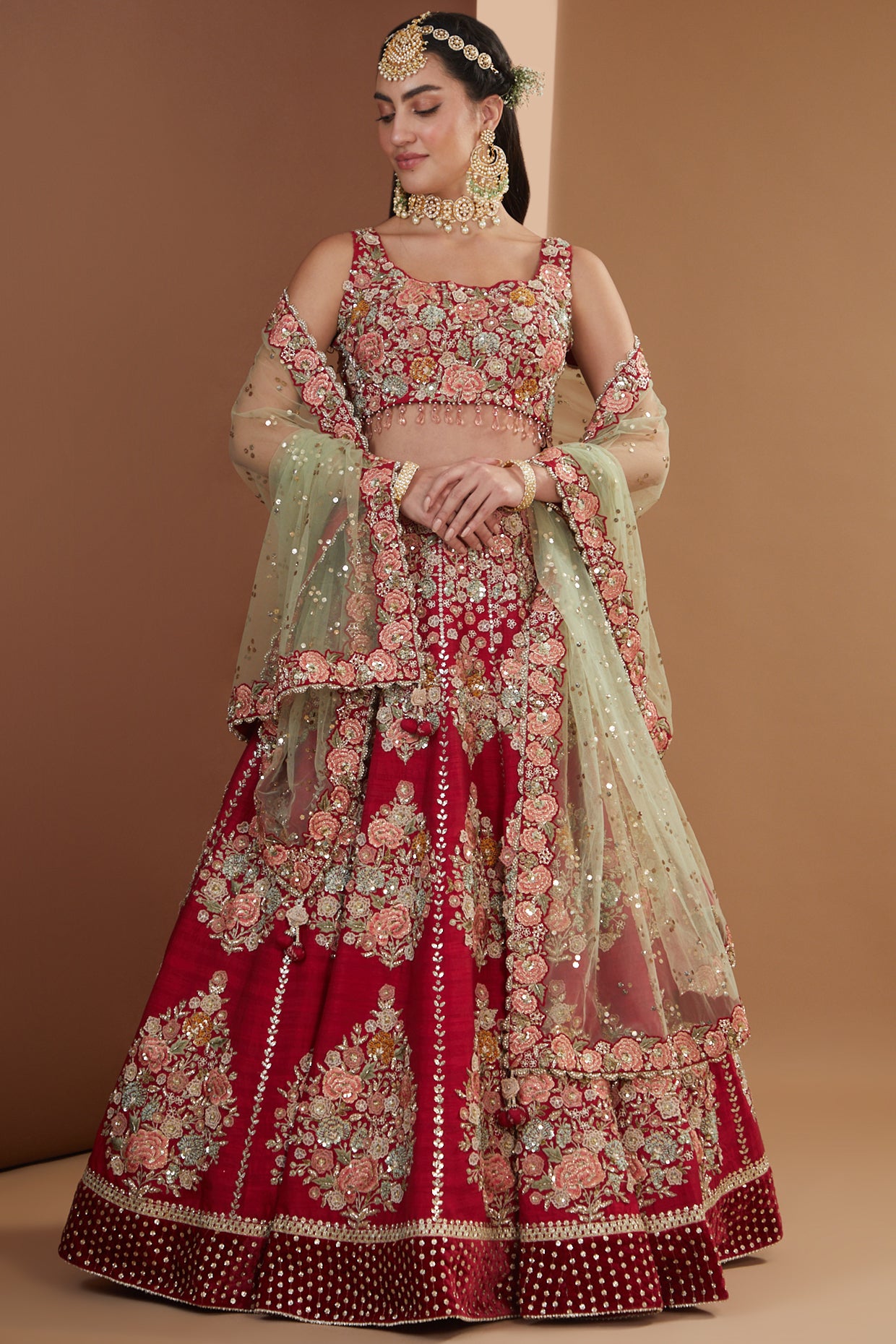 Cherry Red Silk Floral Hand Embroidered Lehenga Set