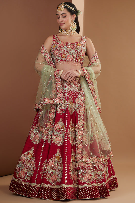 Cherry Red Silk Floral Hand Embroidered Lehenga Set