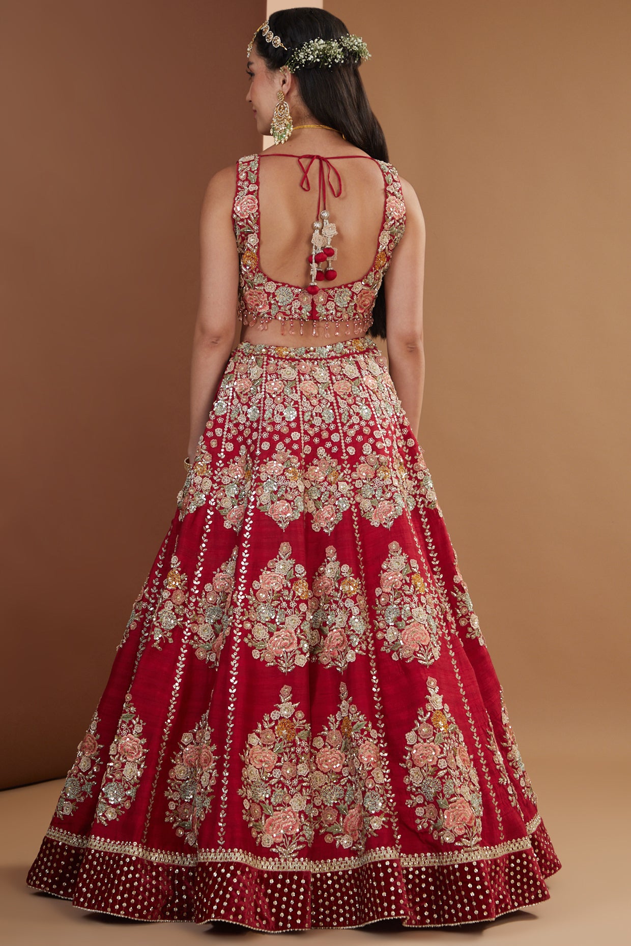 Cherry Red Silk Floral Hand Embroidered Lehenga Set